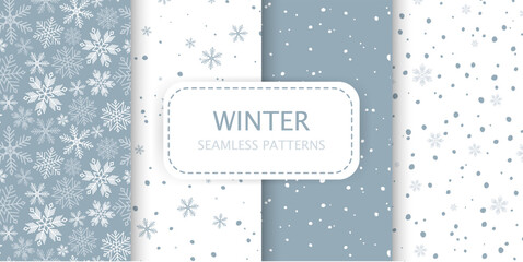 Snowy winter Holiday seamless Pattern set. Snow Flakes background. Cute Falling random flake. Simple Natural snowfall texture. Dotted pattern for Package wallpaper Christmas design