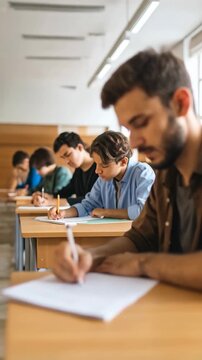 Focused young man writing on paper during an exam in a classroom with rows of students taking a test at light wooden desks near windows