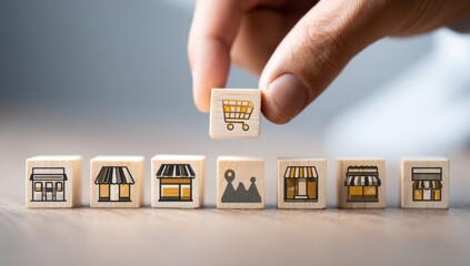 Hand placing a block with a shopping cart icon on top of a row of small wooden blocks depicting various retail shop fronts