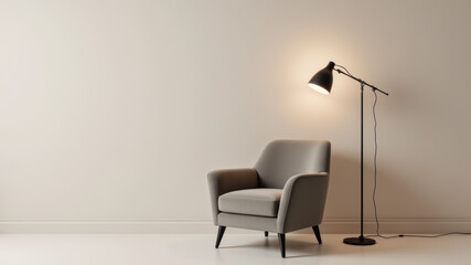 Modern dark grey armchair with floor lamp in bright minimalist room