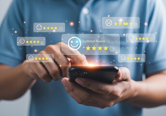 A young adult man engages with customer reviews on his smartphone, reflecting professionalism and modern technology.