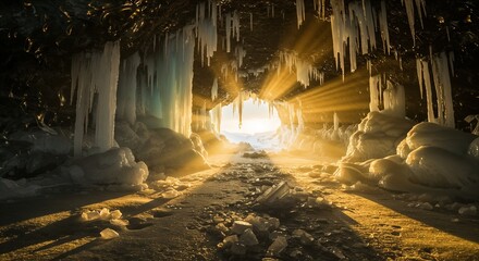 Ice cave with sunlight shining through and icicles hanging down  