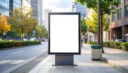 Blank Billboard Mockup on City Street with Trees in Autumn and Urban Building Background in Daylight
