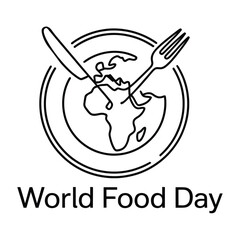 World Food Day line illustration with plate, map, fork and knife in black and white, symbolizing global hunger awareness and food security