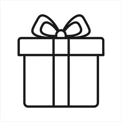 Black outline gift box with ribbon and bow on white background present