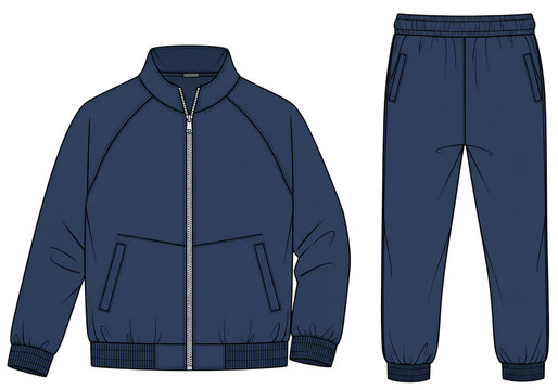 Technical fashion illustration of a navy blue tracksuit set, featuring a zip-up jacket and matching jogger pants.