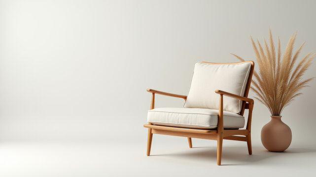 Wooden armchair with white cushion and dried grass in cozy minimalist room