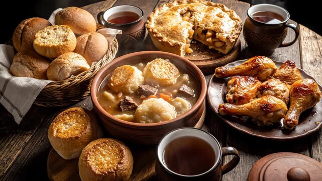 Hearty Home-Cooked Feast: A Rustic Table Display of Comfort Food
