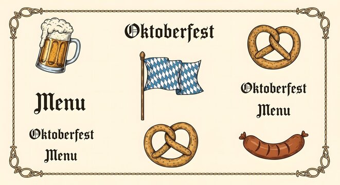 Oktoberfest menu design with beer, pretzel, sausage