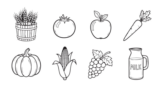 Naklejki Collection of hand drawn silhouette farm fresh produce and harvest items