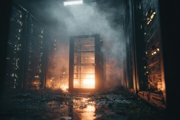 A server room in disarray, engulfed in smoke and fire