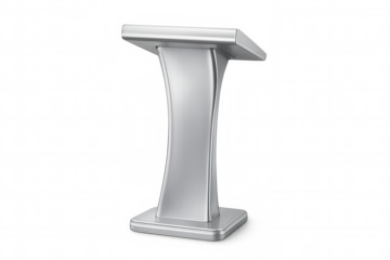Sleek metallic podium standing against transparent backdrop, highlighting professional speaking environments