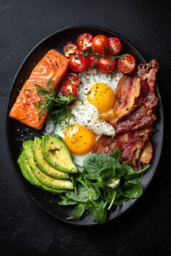 Healthy Breakfast Plate with Avocado, Bacon, Salmon, and Eggs