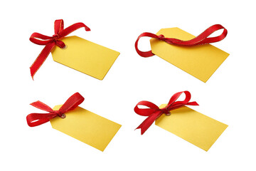 Four yellow gift tags with red ribbon bows isolated on transparent background, perfect for adding a touch of festive charm to any project