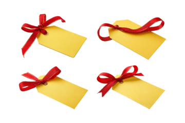 Four yellow gift tags with red ribbon bows isolated on transparent background, perfect for adding a touch of festive charm to any project