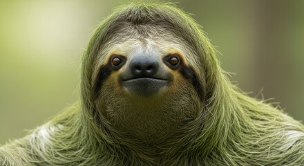 Naklejka premium Close-up of a cute sloth face in the forest canopy of Costa Rica