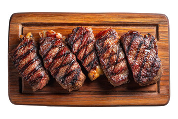 A wooden board presents five grilled steak pieces, each showcasing grill marks and juicy texture isolated on transparent background, tempting the appetite