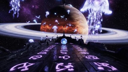 Cosmic jellyfish swarm a ringed planet, viewed from a mysterious space vessel with glowing glyphs. - Powered by Adobe