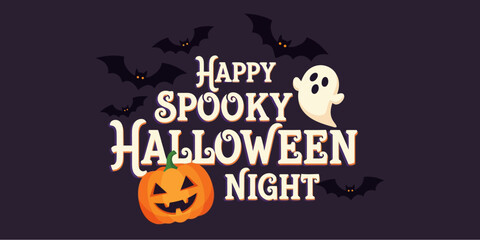 Happy Spooky Halloween Night Design with Pumpkin, Ghost, and Flying Bats Illustration