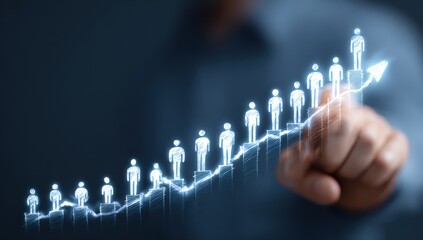 Business growth visualized. A hand points at a projected graph of people ascending on steps, symbolizing progress