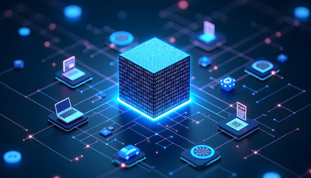 Futuristic digital data processing and network concept with glowing elements.