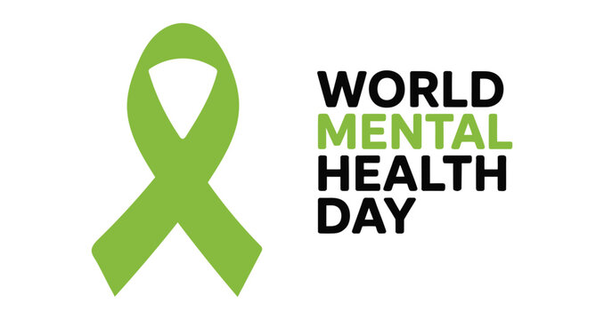 World Mental Health Day design with green awareness ribbon and bold text on white background, promoting emotional support and global advocacy