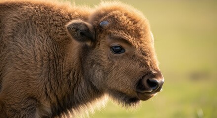 Profile of a young bison calf in a grassy field, eye level view