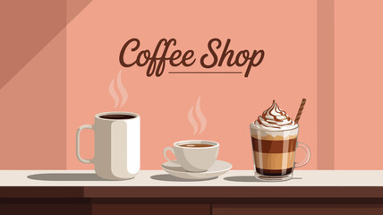 Coffee shop illustration with three steaming beverages on counter, warm background, and cursive text, evoking cozy café ambiance and variety