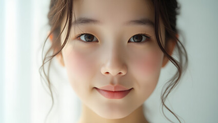 Fototapeta premium Young Asian woman smiling softly with natural light background 