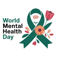 World Mental Health Day design with green ribbon and floral elements on white background, symbolizing awareness, hope, and emotional support