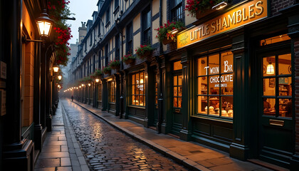Naklejka premium Evening view of the historic Little Shambles street in York, England, with shops.