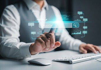 A male professional in a gray vest interacts with a futuristic search interface, highlighting digital innovation.