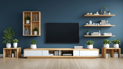 A modern, minimalist living room with a deep blue wall and light wooden flooring. A large flat screen TV is mounted on the wall, centered between two tall, open wooden shelves that feature.