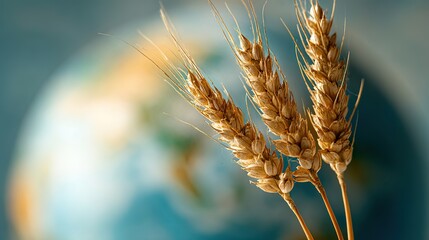 Close-up of golden wheat stalks with blurred Earth globe in background, symbolizing World Food Day, global food security, sustainable agriculture, and harmony between nature and humanity