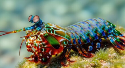 Colorful mantis shrimp rests on a reef, macro close-up in shallow water.