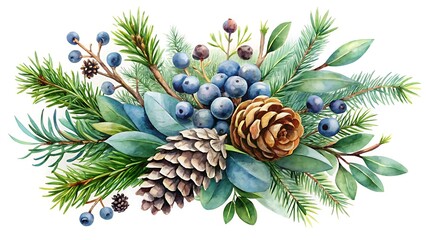 Fototapeta premium A winter wreath arrangement with pine needles, pinecones, and blueberries, isolated on white background
