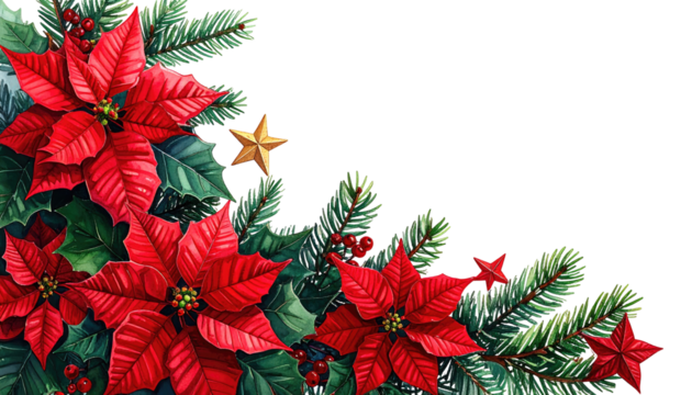 Festive Christmas corner design with poinsettias, pine branches, and gold stars