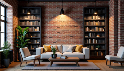 A modern living room interior design featuring a brick wall, sofa, bookshelves and chairs. The room is illuminated with pendant lighting