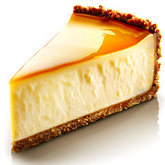 A slice of creamy cheesecake with a graham cracker crust and caramel topping
