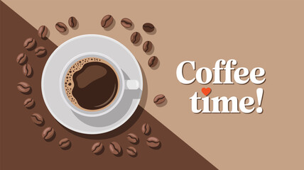 Coffee time top view with white cup, saucer, scattered beans, diagonal brown background, and heart-accented text for café or lifestyle themes