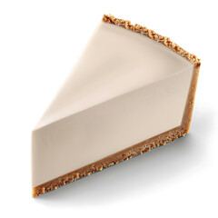 Slice of creamy cheesecake with graham cracker crust on a white background