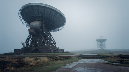Two large radio telescopes stand in a misty landscape a path leads to them near a picnic table