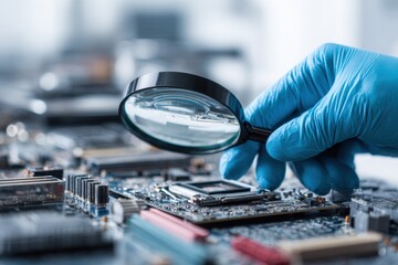 Hand in blue glove using magnifying glass on circuit board