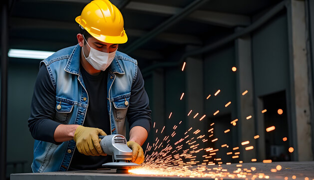 Worker using angle grinder - Powered by Adobe