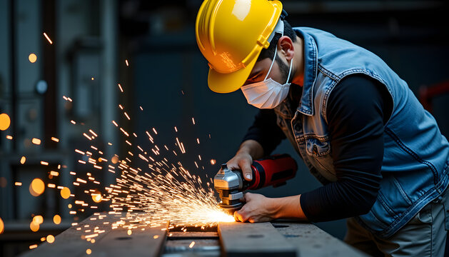 Worker using angle grinder in a workshop