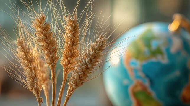 Close-up of golden wheat stalks with blurred Earth globe in background, symbolizing World Food Day, global food security, sustainable agriculture, and harmony between nature and humanity