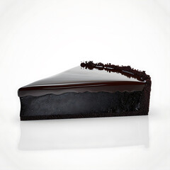 A slice of chocolate cake with glossy glaze and crumbly edge, presented on a white background.