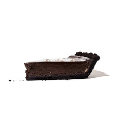 A slice of chocolate pie with a crumbly crust and smooth filling, presented on a white background.