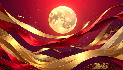 Golden Ribbons with Full Moon on Red