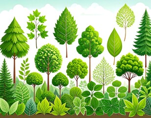 Diverse collection of vibrant green trees and foliage